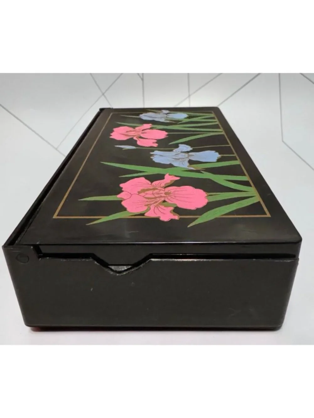 Vintage Black Faux Lacquer/Plastic Tri-Folding Mirror Jewelry or Trinket Box